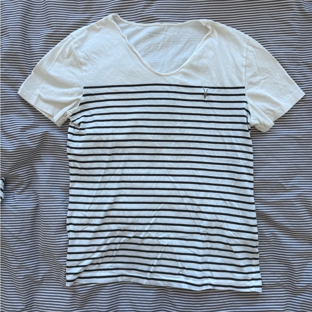 All Saints White and Black Striped Tee